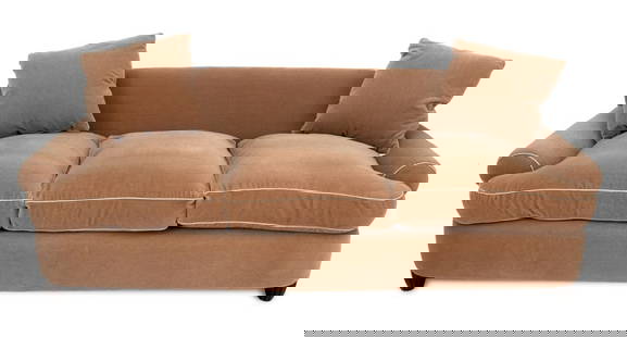 Ward Bennett x Brickel Associates Three-Seat Sofa: Ward Bennett for Brickel Associates Three-Seat Sofa, with beige mohair upholstered seats and cushions, Ward Bennett label to the underside. 32" H x 90" W x 37" D; seat: 20" H. Provenance: From a Park