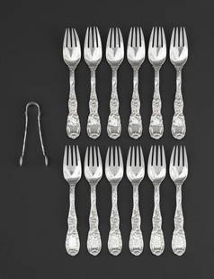 Tiffany & Co. Sterling Silver Flatware, 13 Pcs.: Set of 13 Tiffany and Company Sterling Silver Flatware Pieces, in the "Chrysanthemum" pattern, comprising: set of (12) twelve salad forks and one sugar tong, each marked "Tiffany & Co / Sterling / Pat