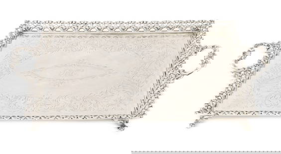 Portuguese Silver Two-Handled Serving Tray: Portuguese Silver Two-Handled Serving Tray, with pierced gallery, incised floral motif to the center with monogram "DKL", on four paw feet, marked "Prata / UNIAO" to the underside. Silver tested. Weig