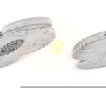 Japanese Imperial Silver Lidded Box: Japanese Imperial Silver Lidded Box, signed to underside, in the form of a cloud and engraved with waves to sides, the cover with yellow gold chrysanthemum medallion. Weight: 2.54 ozt.; 0.75" H x 2.5"