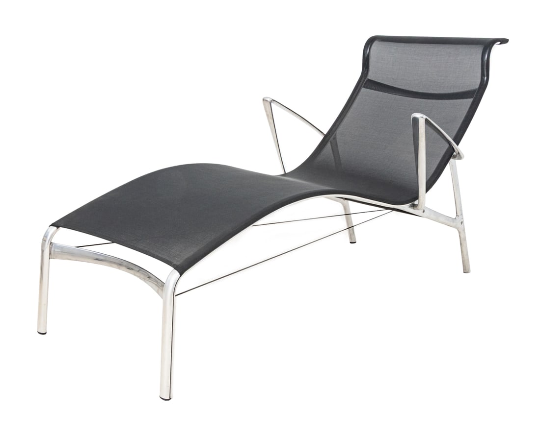 Alberto Meda Long Frame Chaise Longue: Alberto Meda for Alias Long Frame Outdoor Chaise Longue, with black mesh seat and die-cast aluminum frame and arms. 33" H x 62" W x 25.5" D. Provenance: From a Vintage Collection of Italian Designer F