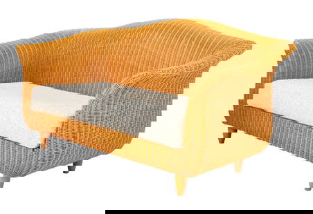 Varaschin Wicker Two-Seat Sofa: Varaschin Woven Wicker Two-Seat Sofa, with beige foral upholstered cushion on four tapered feet. 34.5" H x 65'" W x 31" D; 17" H. Provenance: From a Vintage Collection of Italian Designer Furniture