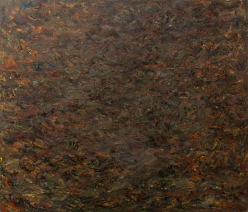 Andy Miller Abstract Composition Oil on Canvas: Andy Miller (American, b. 1950), Abstract Composition, Oil on Canvas, impasto details, dark greens and browns with orange and maroon highlights and blue flashes, signed to verso, with artist's studio
