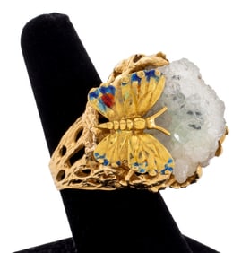 14K Yellow Gold Freeform Clear Druzy Quartz Ring