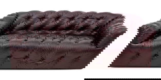 Chesterfield Burgundy Leather Button-Tufted Sofa: Chesterfield Burgundy Leather Button Down Two-Seat Sofa. 33" H x 81" W x 40" W; seat: 17.5" H. Provenance: From a Park Avenue Collection. Keywords: Vintage Furniture, Seating, Couch, Loveseat, Upholst