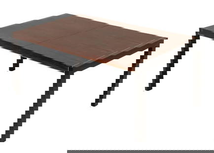 Robert Baron x Glenn of California Dining Table: Robert Baron for Glenn of California Rosewood Dining Table, with single leaf and four ebonized legs. 29" H x 88" W x 40" D. Provenance: From a Greenwich, Connecticut Collection. Keywords: Designer Fur