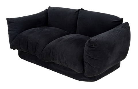 Mario Bellini Style Black Two-Seat Sofa: Mario Bellini Style Black Fabric Upholstered Two-Seat Sofa, with custom removable platform. Overall without platform: 25" H x 67" W x 33" D; seat: 14" H; with platform: 28" H; seat: 18" H. Provenance: