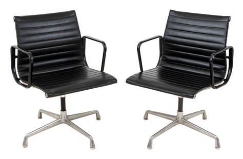 Eames for Herman Miller Executive Chairs, Pair: Pair of Charles and Ray Eames for Herman Miller Aluminum Group Black Leather Executive Swivel Chairs, each on aluminum four foot base, Herman Miller label to underside. 23" H x 22.25" W x 21" D; seat: