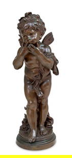 Auguste Moreau "Cupid" Patinated Bronze: Auguste Moreau (French, 1834-1917) "Cupid" Patinated Bronze Sculpture, late 19th century, signed and stamped "E. Colin & cie Paris". 17.25" H x 6" W x 6.25" D. Keywords: French Art, Statue, Antique,
