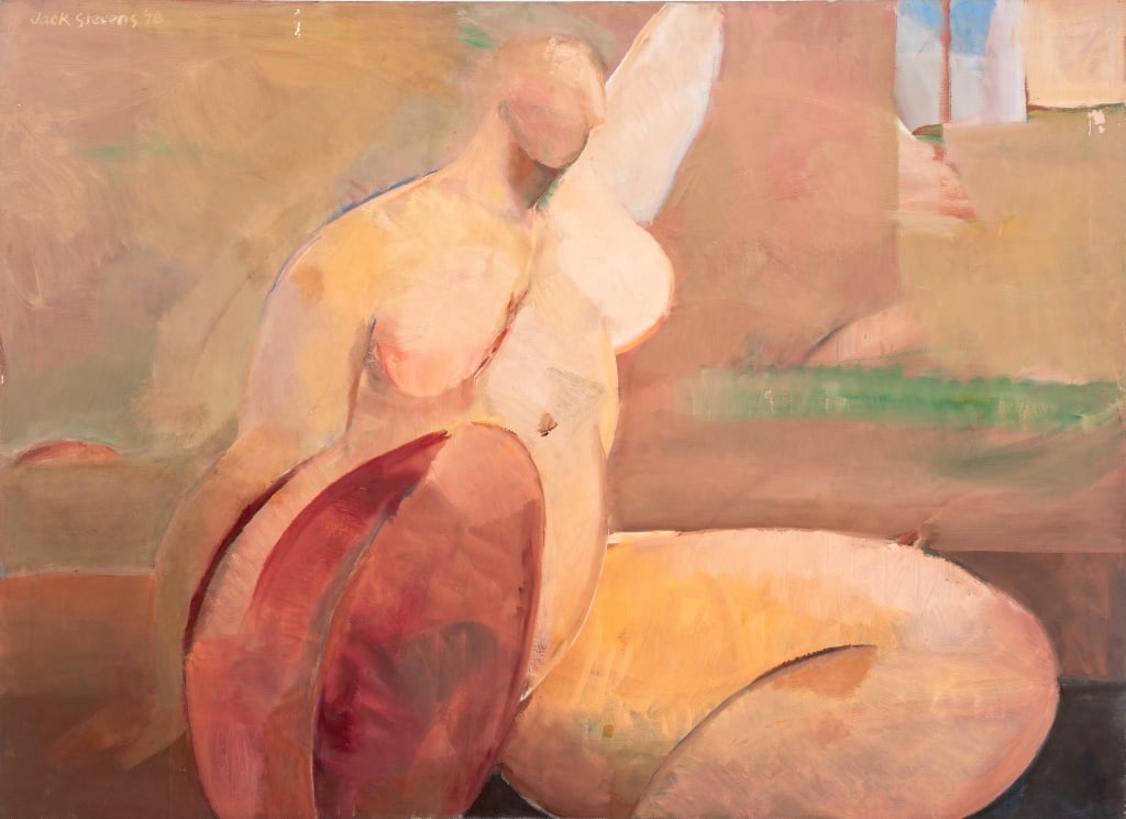 Jack Stevens Seated Nude Woman Oil on Canvas: Jack Stevens (American, XX), Seated Nude Woman, Oil on Canvas, 1978, signed and dated upper left, signed and with two Art Students League of New York labels to verso, unframed. 34.75" H x 48" W. Prove