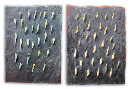 Elfi Schuselka Mixed Media Collages on Paper, 2: Elfi Schuselka (Austrian, b. 1940), Two Abstract Compositions, Mixed Media Collage on Paper, raised sculpted ridges with painted tips on black ground with painted edges, apparently unsigned, each stam