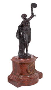 Jean Clesinger "Zingara" Bronze & Marble Clock: Jean-Baptiste Auguste Clesinger (French, 1814-1883) "Zingara" Patinated Bronze and Rouge Griotte Marble Clock, late 19th century, the dancer upholding a tambourine, stamped "F. Barbedienne, fondeur" a