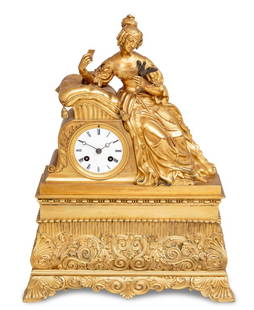 French Empire Gilt Bronze Figural Clock, ca. 1840: French Empire Gilt Bronze Figural Clock, circa 1840, surmounted by a seated woman resting on a cushion, and holding a dove, circular white enamel dial, the movement strike on bell, on an acanthus scro