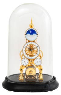 After Franz Denk of Wien Brass Skeleton Clock: After Franz Denk of Wien Brass and Enamel Skeleton Clock, with single fusee, enameled day, date, time and moonphase clock faces with sun and moon motif, hand painted Arabic numbers, with pendulum and