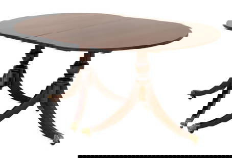 George III Style Mahogany Pedestal Dining Table: George III Style Mahogany Double Pedestal Extending Dining Table, with two leaves, on four splayed leg bases with brass paw feet. 29" H x 89" W; 65.25" W x 38.5" D. Provenance: From a Greenwich,