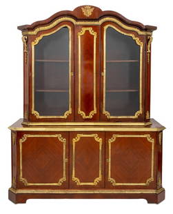 Louis XV Style Ormolu Mounted Kingwood Bookcase: Louis XV Style Ormolu Mounted Kingwood Bookcase, late 19th century, the upper section with two glazed doors enclosing shelves, flanked by canted angles, on a conforming cupboard fitted with two