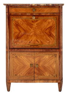 Louis XVI Stained Fruitwood Marquetry Secretaire: Louis XVI Stained Fruitwood and Kingwood Marquetry Drop-Front Secretaire a Abbatant, circa 1780 or later, apparently unsigned, canted breche d'Alep marble top above conforming case with ormolu