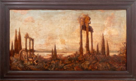 Italian School Bay of Naples Oil on Canvas: Italian School, Bay of Naples, Oil on Canvas, early 19th century, unsigned, mahogany frame. Image: 32" H x 60" W; frame: 41" H x 69" W. Keywords: Painting, Oil painting, Works on Canvas, Capriccio, Ar