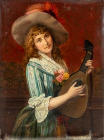 Austrian School Lute Player Oil on Canvas, 19th C.