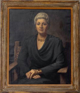American School Portrait of a Woman Oil on Canvas: American School, Portrait of a Woman, Oil on Canvas, early-mid 20th century, depicting an elegant woman in black dress with gold necklace, apparently unsigned, wood frame. Image: 30" H x 25" W; frame: