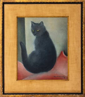 Jean Sam Fontanaz "Chat au Coussin Rouge" Oil: Jean Sam Fontanaz (French, XIX-XX), "Chat au Coussin Rouge" [Cat with Red Cushion], Oil on Canvas, signed lower right, ebonized giltwood frame. Image: 15.5" H x 12.5" W; frame: 24" H x 21" W. Provenan