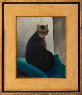 Jean Sam Fontanaz "Chat au Coussin Vert" Oil: Jean Sam Fontanaz (French, XIX-XX), "Chat au Coussin Vert" [Cat with Green Cushion], Oil on Canvas, signed lower right, label to verso, giltwood frame. Image: 15.5" H x 12.5" W; frame: 24" H x 21" W