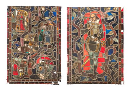 European Stained Glass Window Panels, 19th C.: Two European Stained Glass Window Panels, 19th century, depicting figural scenes surrounded by vines and foliage. 39.5" H x 25.5" W. Provenance: From an Upper West Side Estate located at the Ansonia.