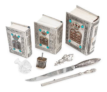 Judaica Articles, 8: Collection of Eight Judaica Articles, comprising: sterling silver handled ceremonal knife with temple interior scene, marked "Sterling", sterling Samash candle holder, marked "ST925" to handle, Willia