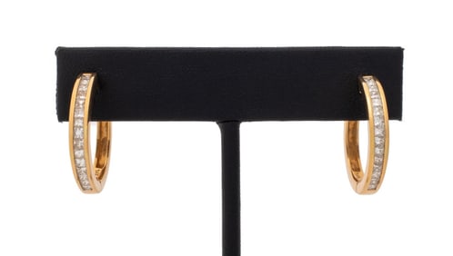 14K Yellow Gold Princess Diamond Hoop Earrings