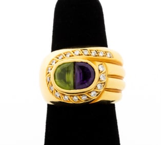 18K Yellow Gold Amethyst Peridot Diamond Ring