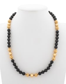 14K Yellow Gold Black Onyx & Gold Bead Necklace