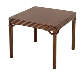 Baker Mahogany Extending Dining Table: Baker Mahogany Extending Dining Table, rectangular top with two butterfly leaves, molded edge on four double columnar legs, with "Baker Furniture" label to the underside. 29.25" H x 60" W x 34" D. Pro