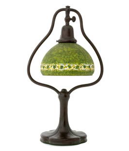 Handel Mosserine Table Lamp, ca. 1920: Handel Mosserine Table Lamp, circa 1920, with acid etched and painted bell-shaped shade and patinated metal frame, marked to base. 18.5" H x 10.5" W x 7" D. Provenance: From a Greenwich, Connecticut C