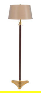 Visual Comfort & Co. Brass Leather Wrapped Lamp: Visual Comfort and Company Brass and Brown Leather Wrapped Floor Lamp, with adjustable central support, on tripod base with shell form motif, marked "Visual Comfort & Co" to light sockets. 61.5" H x