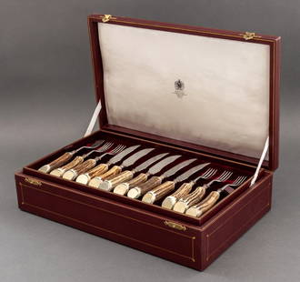 Asprey Staghorn Flatware Service, 28 Pcs.: Set of Asprey Staghorn Flatware Service Set, comprising: (12) twelve dinner forks, (12) twelve steak knives, carving knife, boning knife, carving fork, and honing rod, marked "Asprey / London /