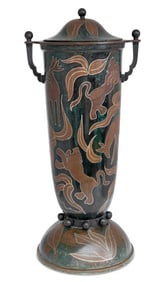 French Patinated Copper Two Handle Covered Vase
