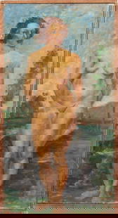 Russell Lee Standing Nude Woman Oil on Canvas: Russell Lee (American, 1903-1986), Standing Female Nude, Oil on Canvas, signed and marked "Miller Life" to verso, wood frame. Image: 34" H x 18" W' frame: 35.25" H x 19.25" W. Provenance: From the