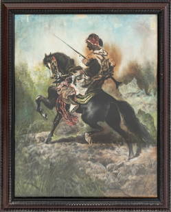French School Arabic Horseman Pastel, 19th C.: French School, Arabic Horseman, Chalk Pastel on Paper Laid to Canvas, 19th century, paper labels to reverse, wood frame. Image: 19.5" H x 15.25" W; frame: 23" H x 18.5" W. Provenance: From a Park