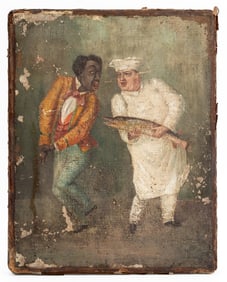 American Two Figures Holding Fish Oil, 19th C.