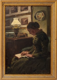 Thomas Huson "Lady Writing Her Diary" Oil, 1883