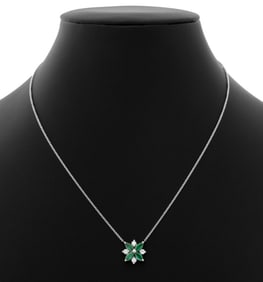 Italian 14K White Gold Emerald Diamond Necklace