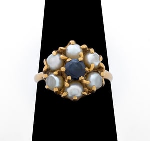 14K Yellow Gold Sapphire and Pearl Ring
