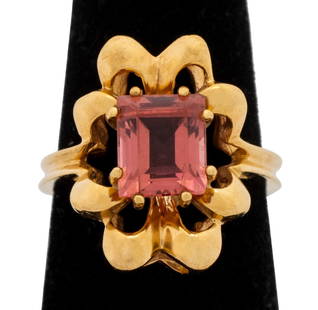 14K Gold Rubellite Tourmaline Solitaire Ring: 14K Yellow Gold Rubellite Tourmaline Solitaire Ring, featuring one prong set rectangular step faceted rubellite weighing approx. 1.90 carats, marked: "14K". Measuring approx. US size 6 1/2, 3.6 dwt.