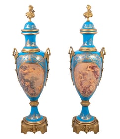 Sevres Bleu Celeste Ground Ovoid Vases, Pair