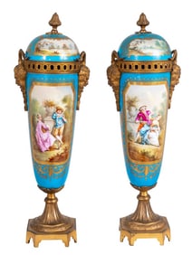 Sevres Bleu Celeste Ground Covered Vases, Pair