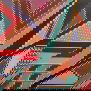 Frank Stella Style Geometric Acrylic on Canvas: Frank Stella Style, Geometric Composition, Acrylic on Canvas, unsigned, unframed. 46" H x 46" W. Provenance: From a New York City Collection. Keywords: Painting, Works on Canvas, Abstract,