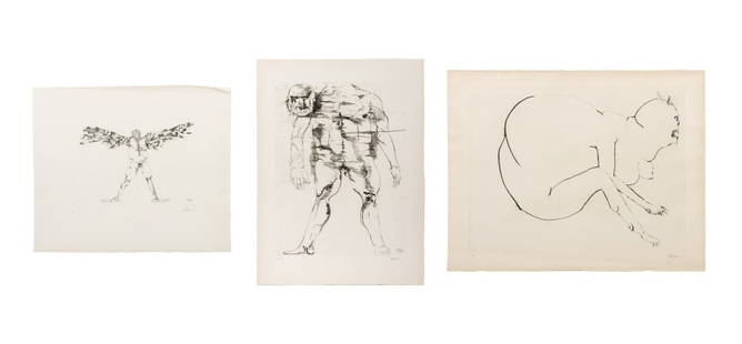 Leonard Baskin Surrealist Figural Etchings, 3: Leonard Baskin (American, 1922-2000), Three Surrealist Figural Compositions, Etching on Wove Paper, each marked edition "A.P" lower left and signed in pencil lower right, comprising: seated devil figu