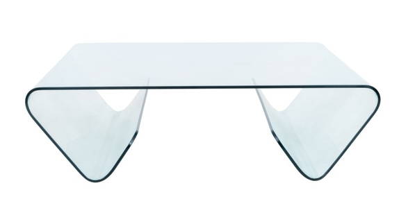 Modern Glass Coffee Table: Modern Glass Coffee Table, with curved triangular base. 12.25" H x 43.5" W x 39.5" D. Provenance: From a Fifth Avenue Collection. Keywords: Modern Furniture, Transparent Furniture, Clear Furniture, Lo