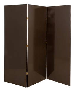 Brown Lacquered 3-Panel Folding Floor Screen: Brown Lacquered Three-Panel Folding Floor Screen. Each panel: 72" H x 24" W x 1" D. Provenance: From a 35 East 75th Street Estate. Keywords: Vintage Furniture, Modern Furniture, Room divider, Partitio
