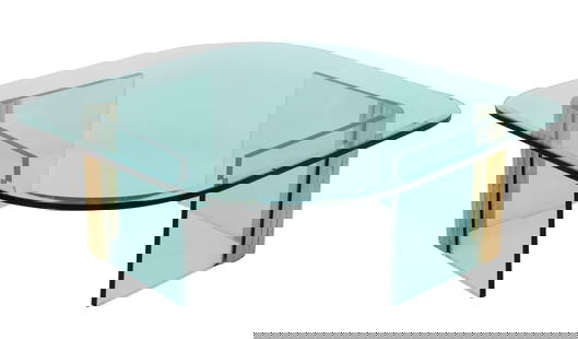 Leon Rosen Pace Collection Glass & Brass Low Table: Leon Rosen Pace Collection Glass and Brass Coffee Table, 1970s, with V form bases. 16" H x 54" W x 47" D. Provenance: From a New York City Collection. Keywords: Modern Furniture, Designer, Center tabl